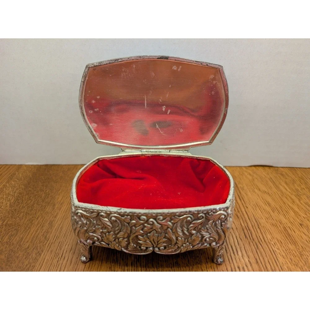 Vintage Silver Toned Jewelry Trinket Box/Footed/Red Velvet Lining